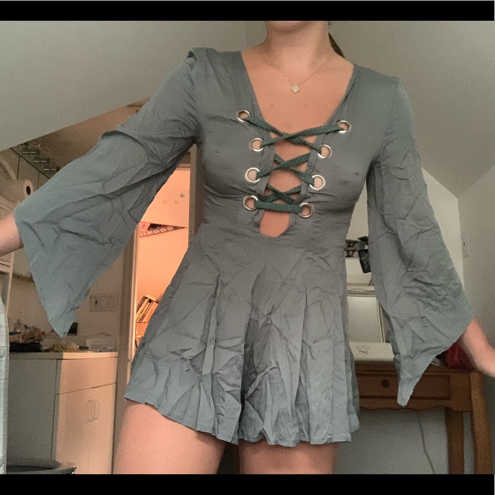 LF Lace Up Green Romper